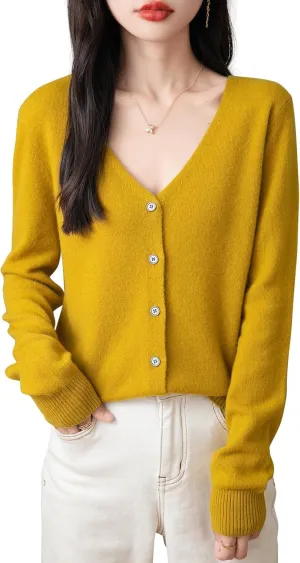 Women's 100% Merino Wool Cardigan 2025 Fall Winter Sexy V Neck Long Sleeve Lightweight Knit Cardigan Sweater