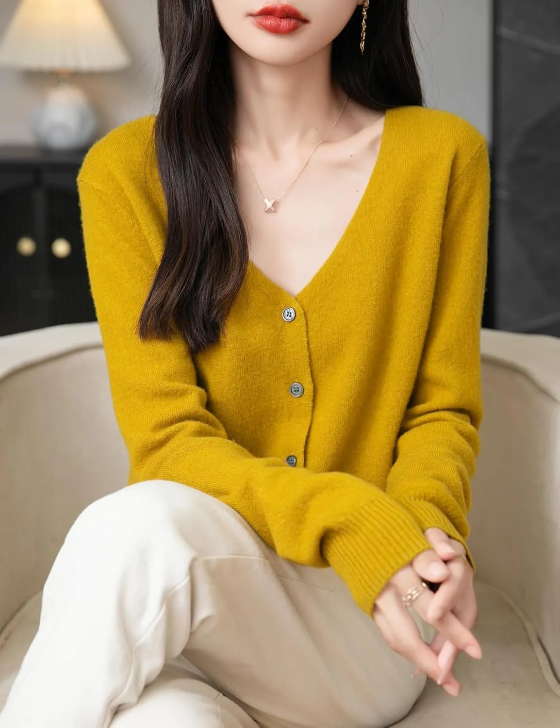 Women's 100% Merino Wool Cardigan 2025 Fall Winter Sexy V Neck Long Sleeve Lightweight Knit Cardigan Sweater