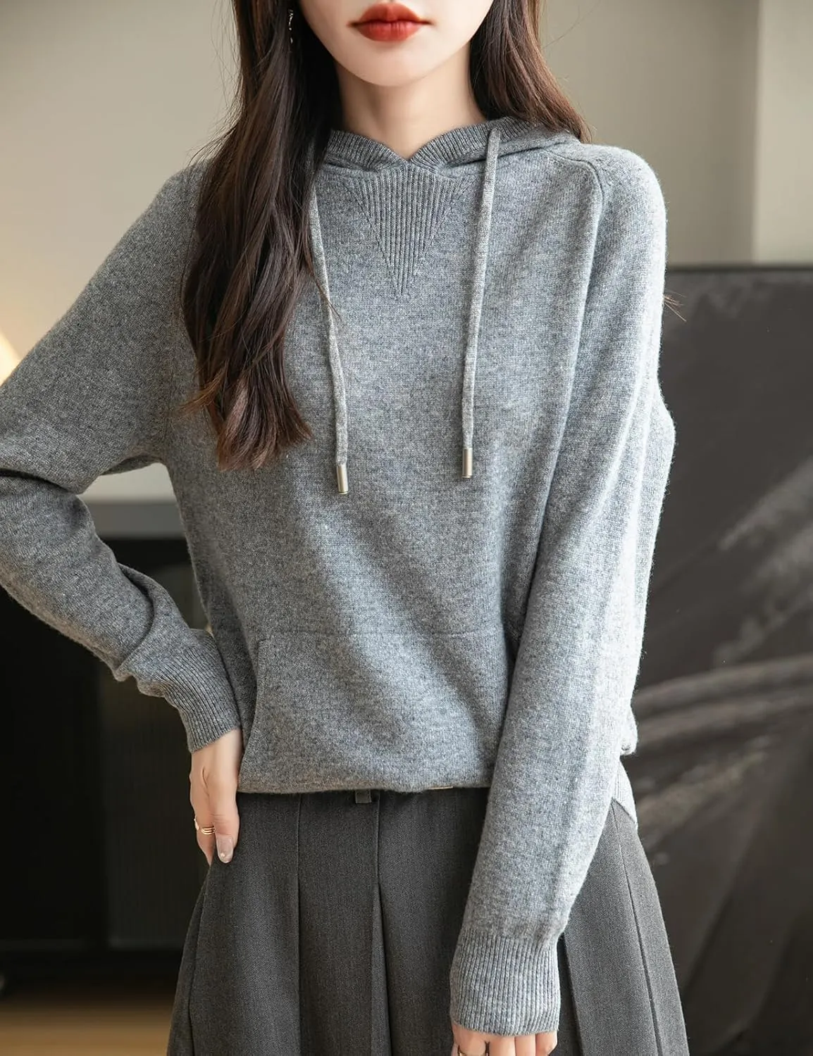 Women's 100% Merino Wool Hoodies 2025 Fall Winter Warm Soft Sweater Long Sleeve Knitted Sweatshirt with Pocket