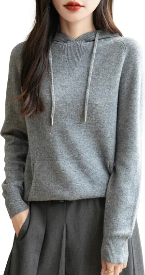 Women's 100% Merino Wool Hoodies 2025 Fall Winter Warm Soft Sweater Long Sleeve Knitted Sweatshirt with Pocket