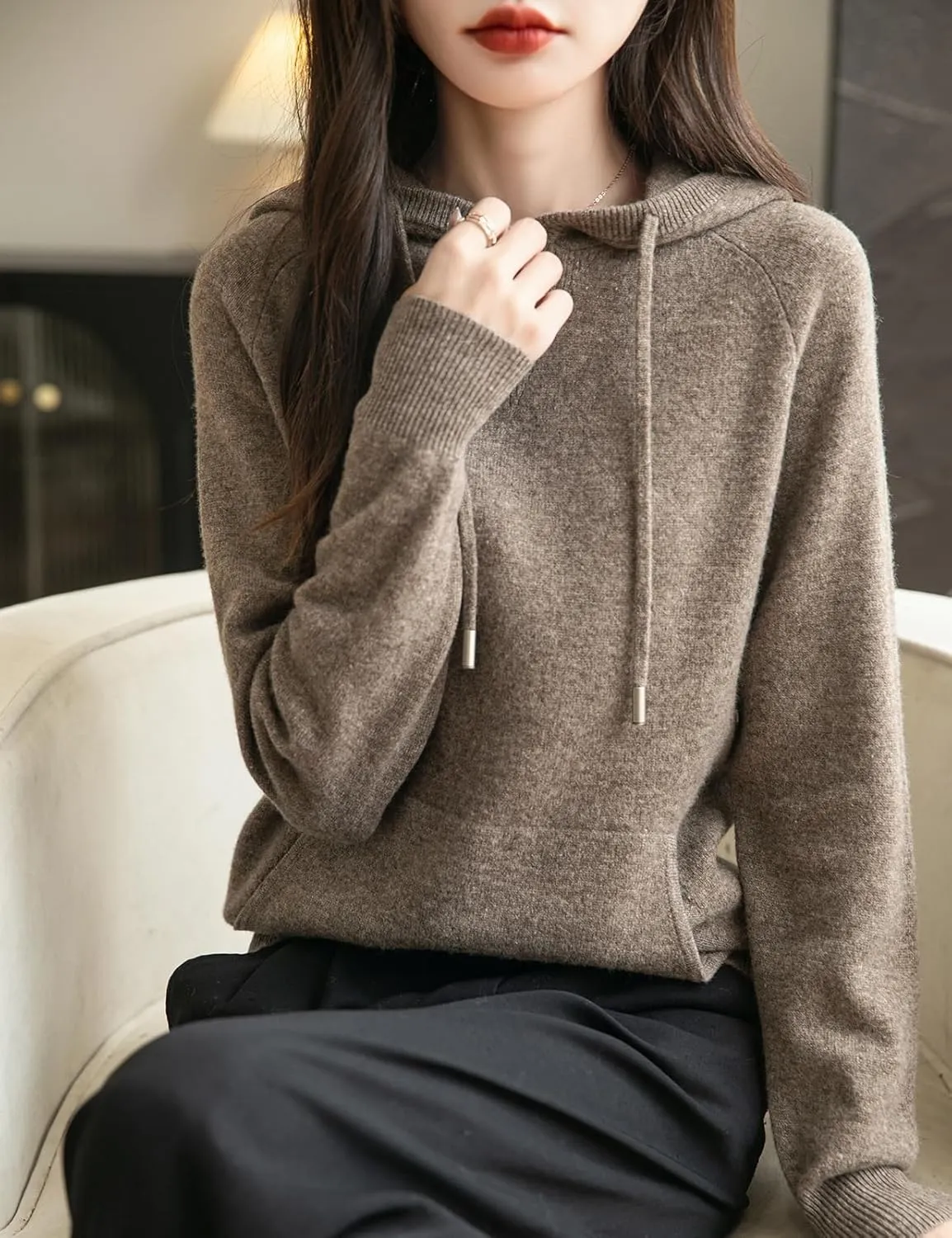 Women's 100% Merino Wool Hoodies 2025 Fall Winter Warm Soft Sweater Long Sleeve Knitted Sweatshirt with Pocket