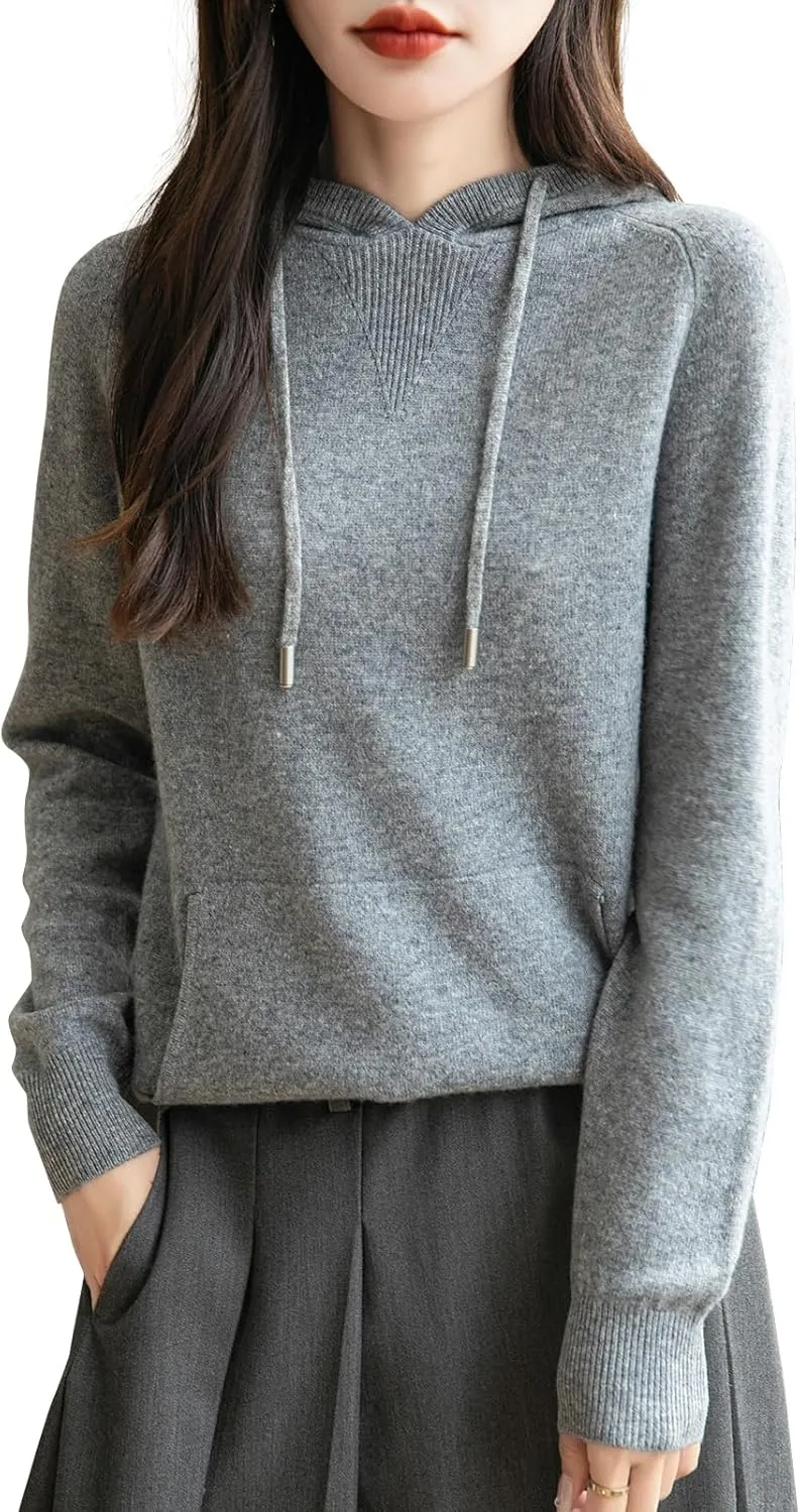 Women's 100% Merino Wool Hoodies 2025 Fall Winter Warm Soft Sweater Long Sleeve Knitted Sweatshirt with Pocket