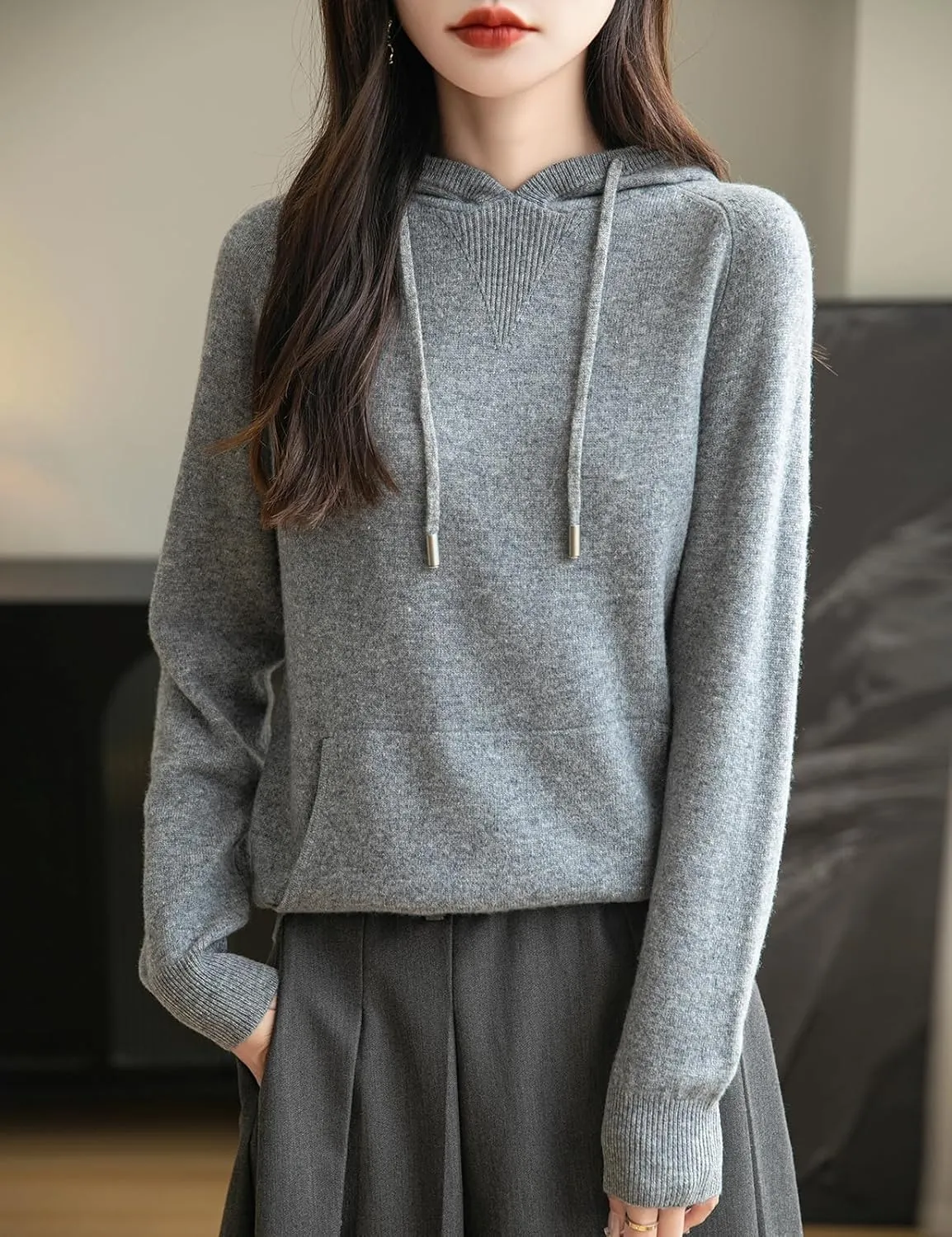 Women's 100% Merino Wool Hoodies 2025 Fall Winter Warm Soft Sweater Long Sleeve Knitted Sweatshirt with Pocket