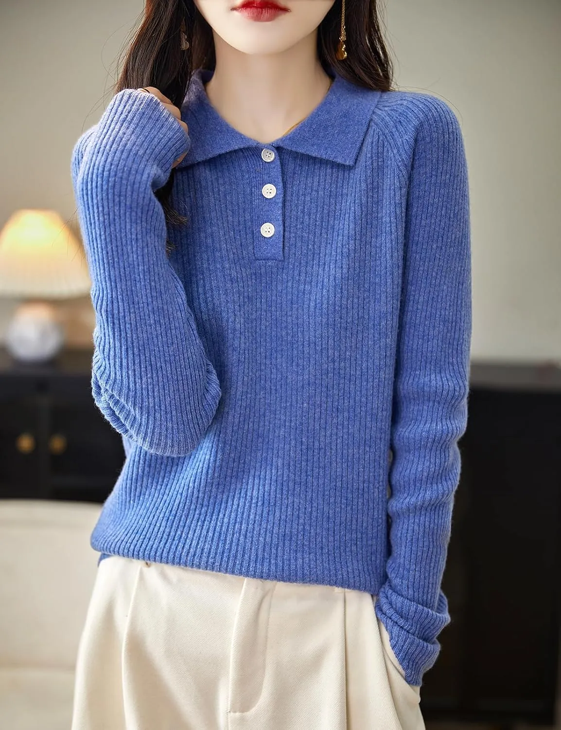 Women's 100% Merino Wool Sweater 2025 Fall Winter Polo Neck Long Sleeve Warm Soft Knit Pulover Sweater