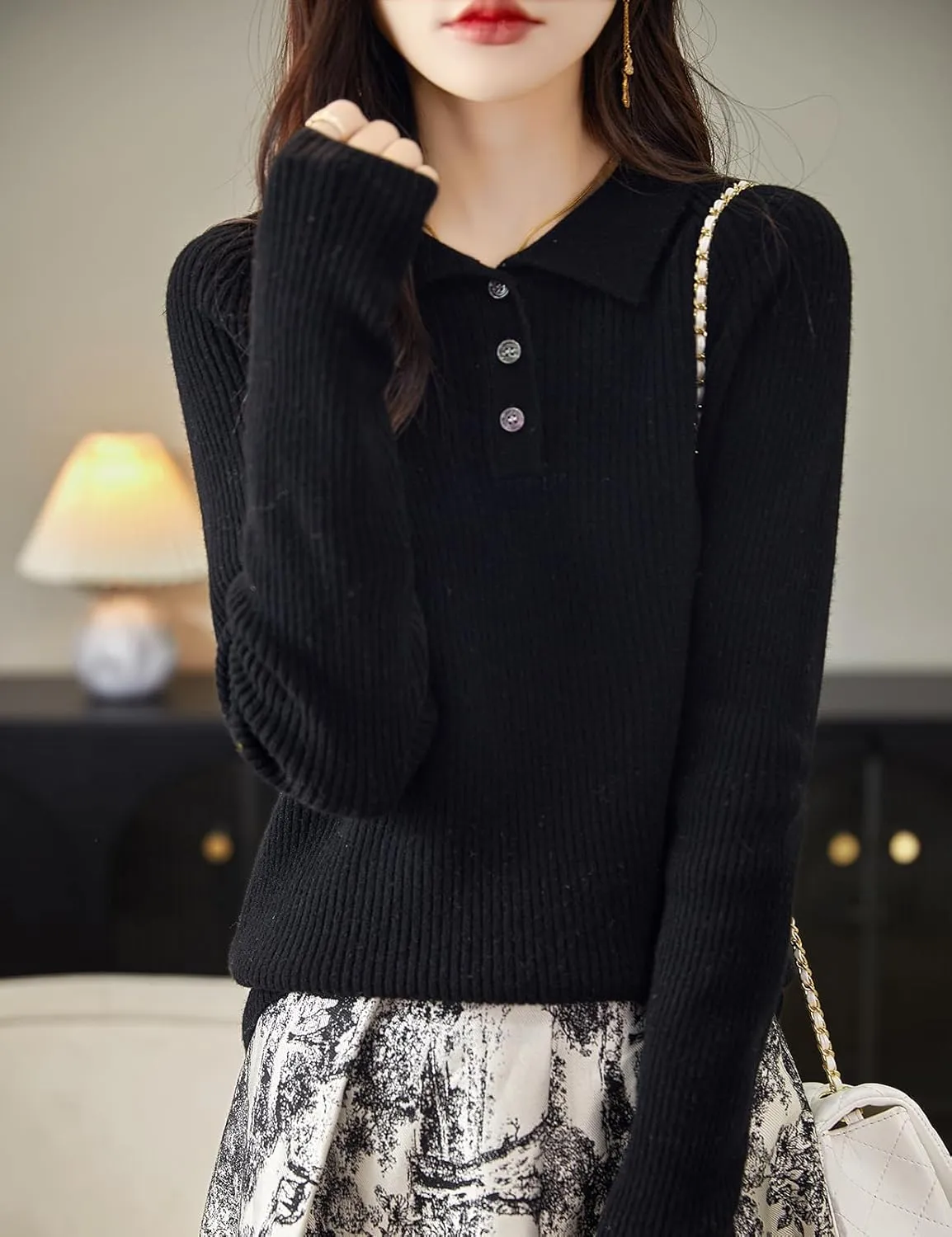 Women's 100% Merino Wool Sweater 2025 Fall Winter Polo Neck Long Sleeve Warm Soft Knit Pulover Sweater