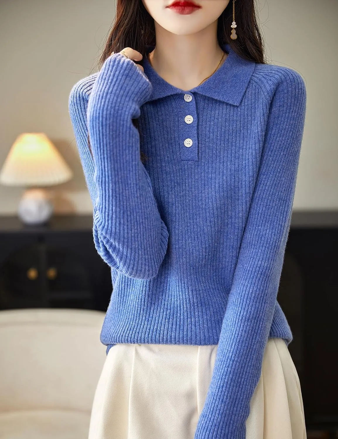 Women's 100% Merino Wool Sweater 2025 Fall Winter Polo Neck Long Sleeve Warm Soft Knit Pulover Sweater
