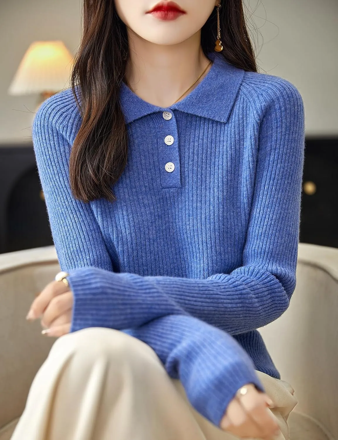 Women's 100% Merino Wool Sweater 2025 Fall Winter Polo Neck Long Sleeve Warm Soft Knit Pulover Sweater