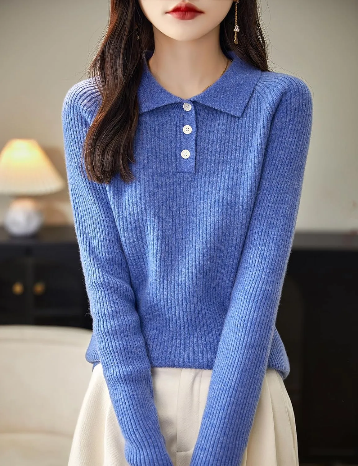 Women's 100% Merino Wool Sweater 2025 Fall Winter Polo Neck Long Sleeve Warm Soft Knit Pulover Sweater