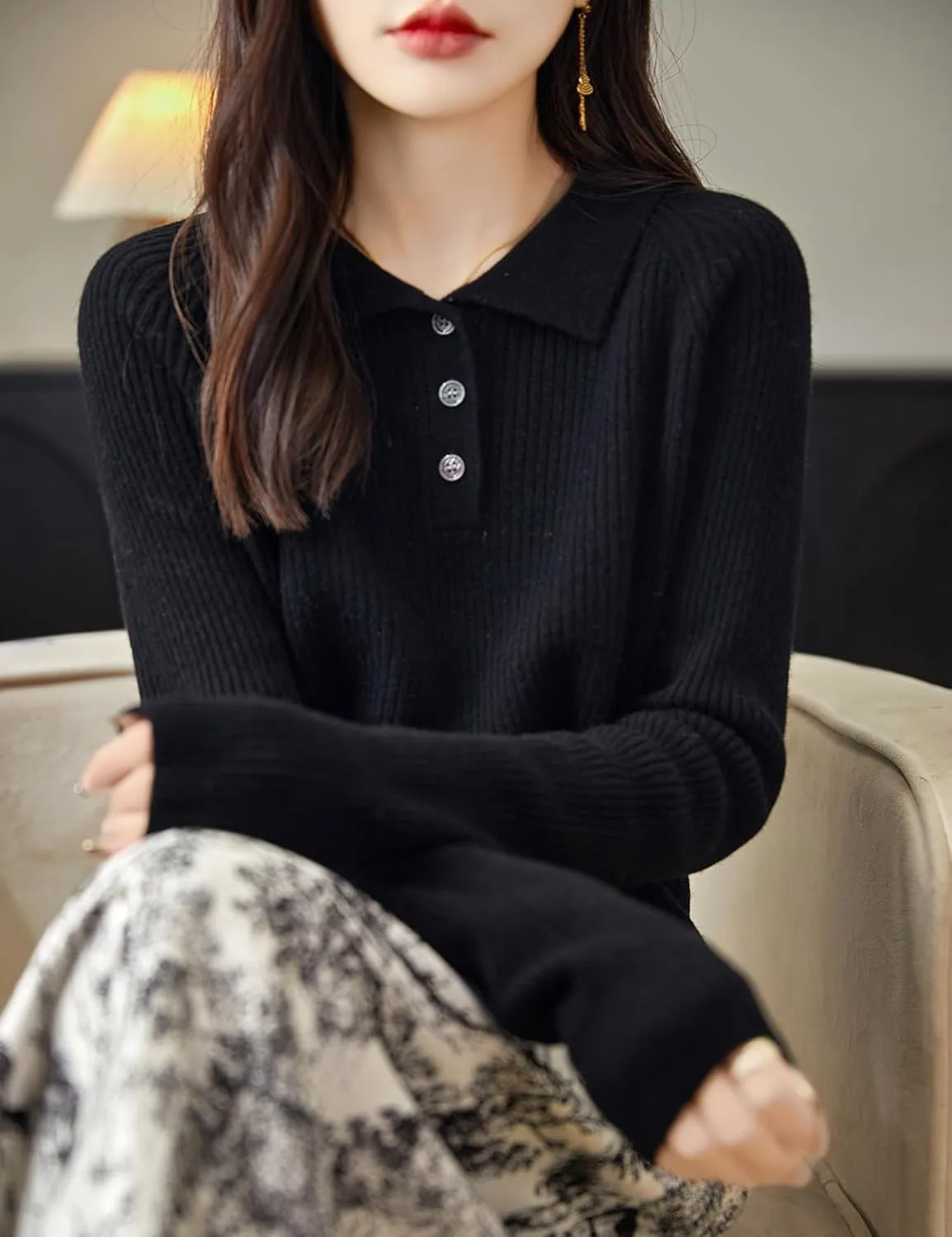Women's 100% Merino Wool Sweater 2025 Fall Winter Polo Neck Long Sleeve Warm Soft Knit Pulover Sweater