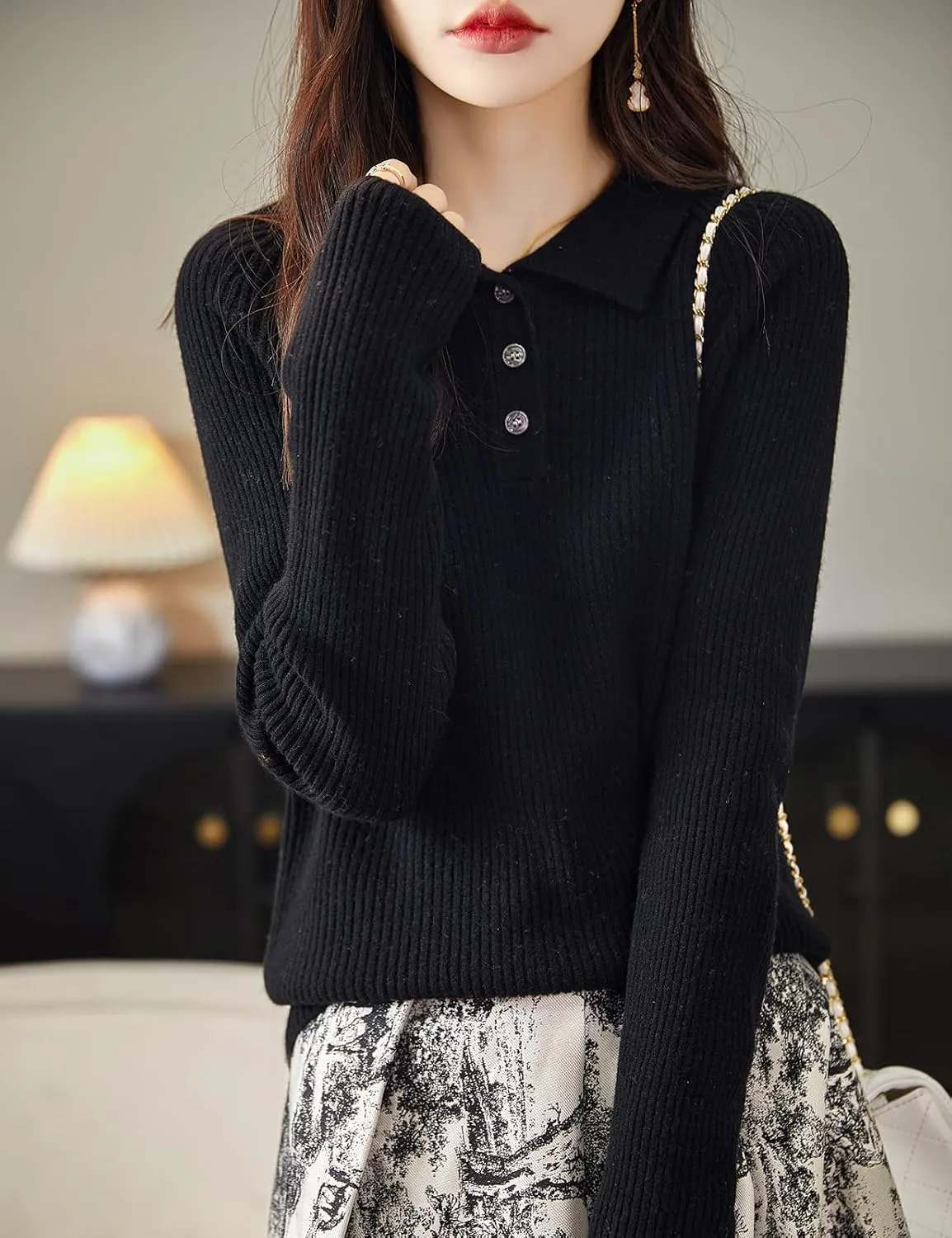 Women's 100% Merino Wool Sweater 2025 Fall Winter Polo Neck Long Sleeve Warm Soft Knit Pulover Sweater