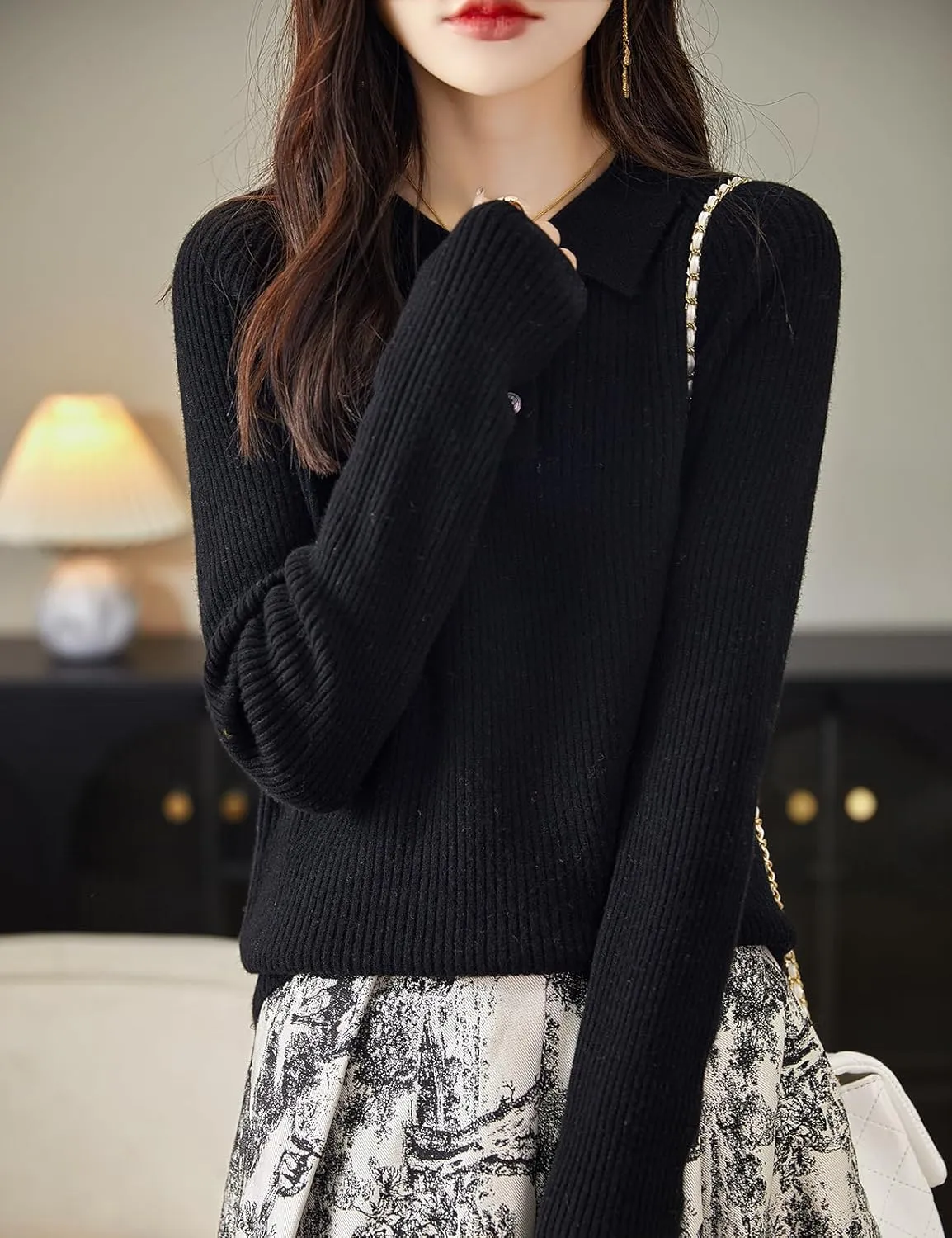 Women's 100% Merino Wool Sweater 2025 Fall Winter Polo Neck Long Sleeve Warm Soft Knit Pulover Sweater