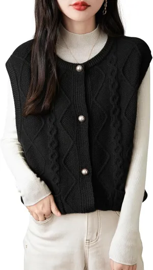 Women's 100% Merino Wool Sweater Vest 2025 Fall Winter Crew Neck Button Down Sleeveless Cable Knit Sweater Vest