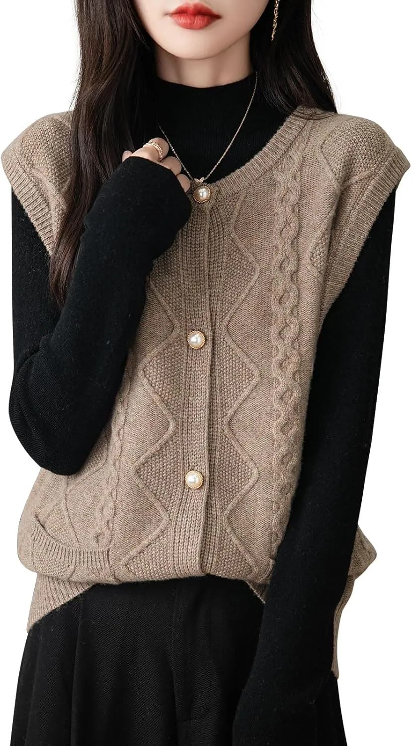 Women's 100% Merino Wool Sweater Vest 2025 Fall Winter Crew Neck Button Down Sleeveless Cable Knit Sweater Vest