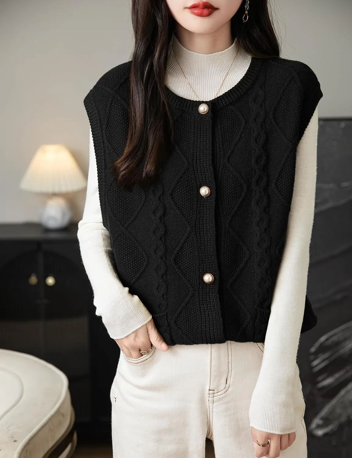 Women's 100% Merino Wool Sweater Vest 2025 Fall Winter Crew Neck Button Down Sleeveless Cable Knit Sweater Vest