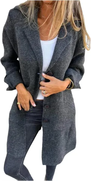 Women's 2024 Solid Color Cardigan Mid Long Coats Casual Button Wool Blend Winter Tartan Trench Coat with Pockets