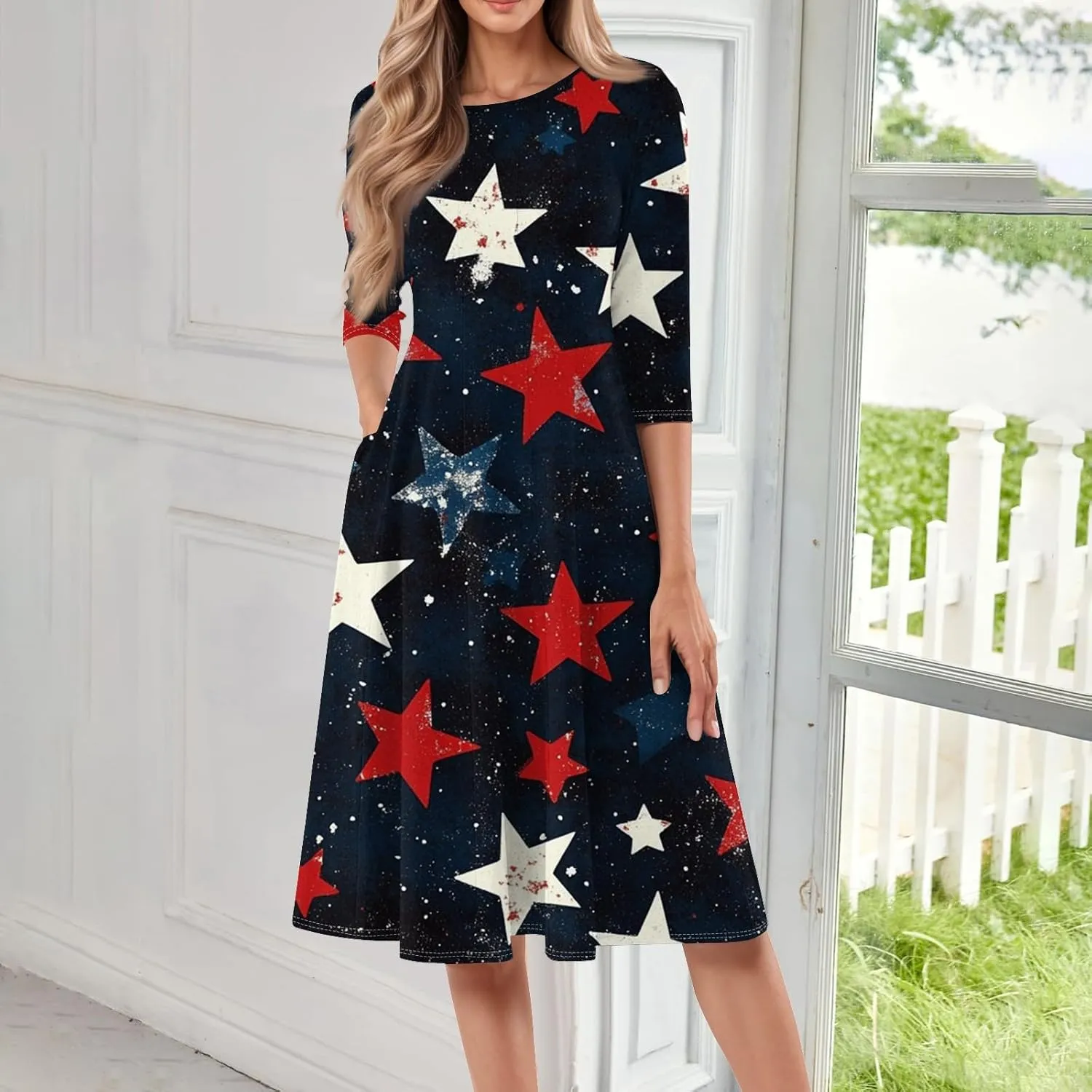 Women's American Flag Midi Dress 2025 4th of July USA Star Stripe Tee Dress Short Sleeve Crew Neck Ruched Dresses