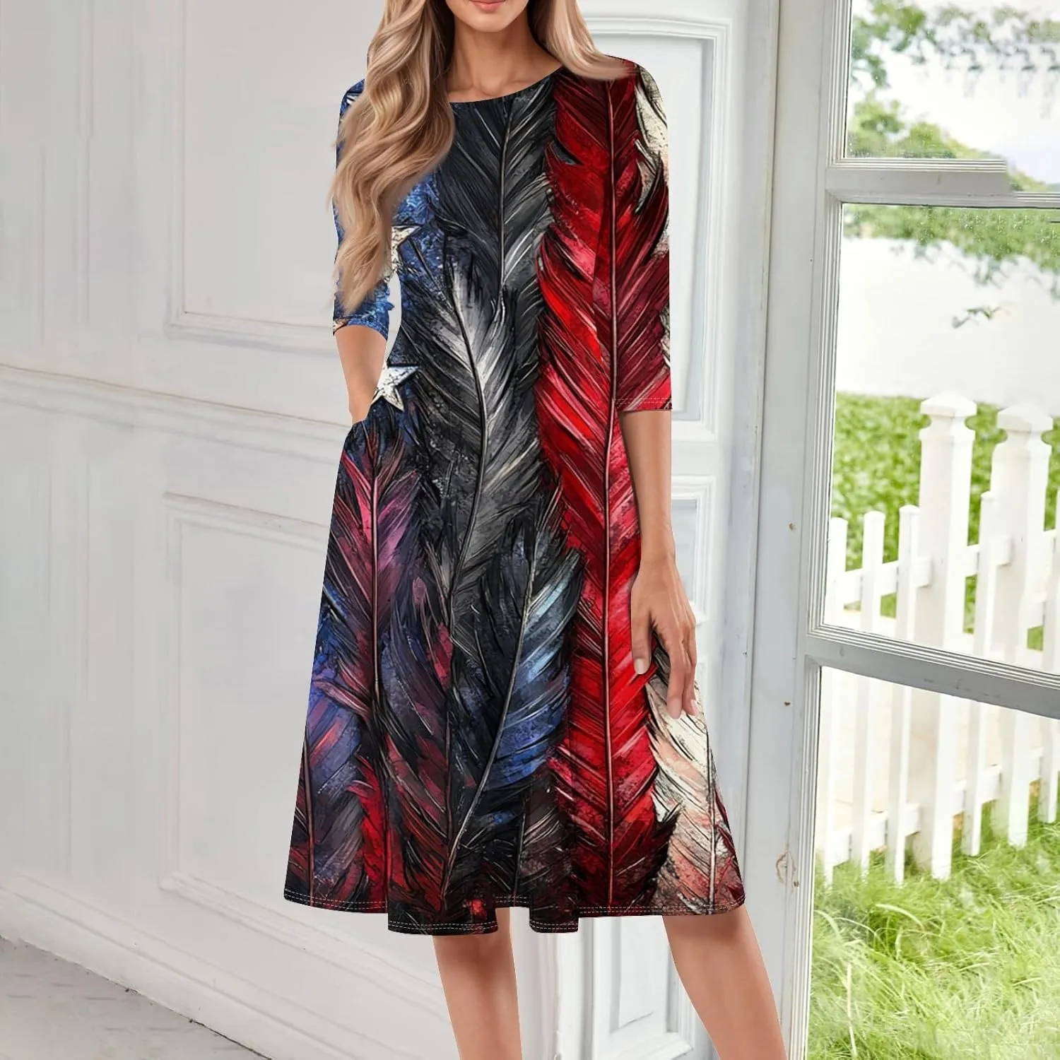 Women's American Flag Midi Dress 2025 4th of July USA Star Stripe Tee Dress Short Sleeve Crew Neck Ruched Dresses
