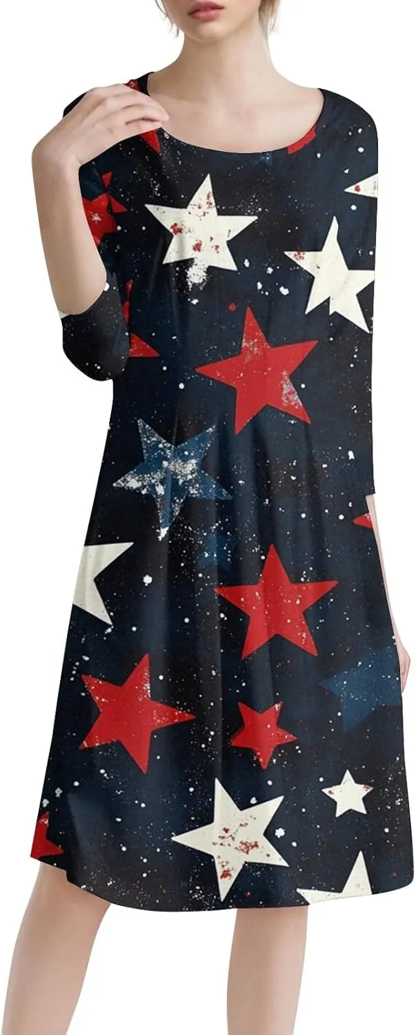 Women's American Flag Midi Dress 2025 4th of July USA Star Stripe Tee Dress Short Sleeve Crew Neck Ruched Dresses