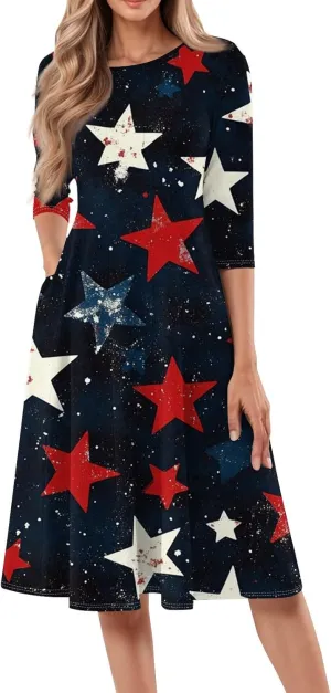 Women's American Flag Midi Dress 2025 4th of July USA Star Stripe Tee Dress Short Sleeve Crew Neck Ruched Dresses
