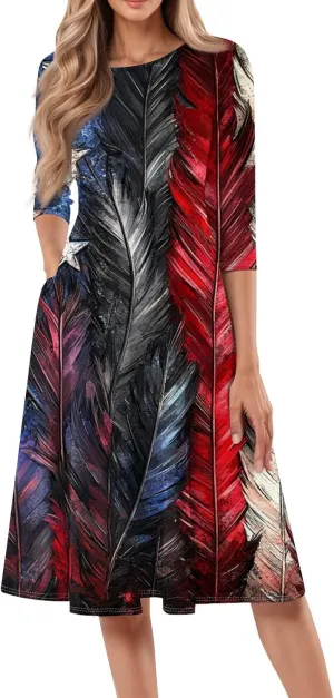 Women's American Flag Midi Dress 2025 4th of July USA Star Stripe Tee Dress Short Sleeve Crew Neck Ruched Dresses