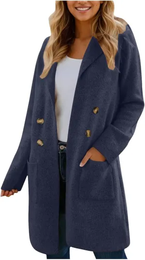 Womens Business Long Double Breasted Coats Lapel Collar Pea Coat Winter Slim Fit Jackets Fashion Trench Coat Outwear