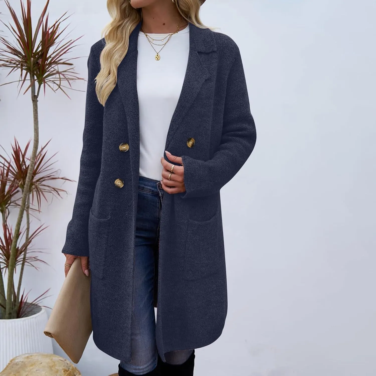 Womens Business Long Double Breasted Coats Lapel Collar Pea Coat Winter Slim Fit Jackets Fashion Trench Coat Outwear