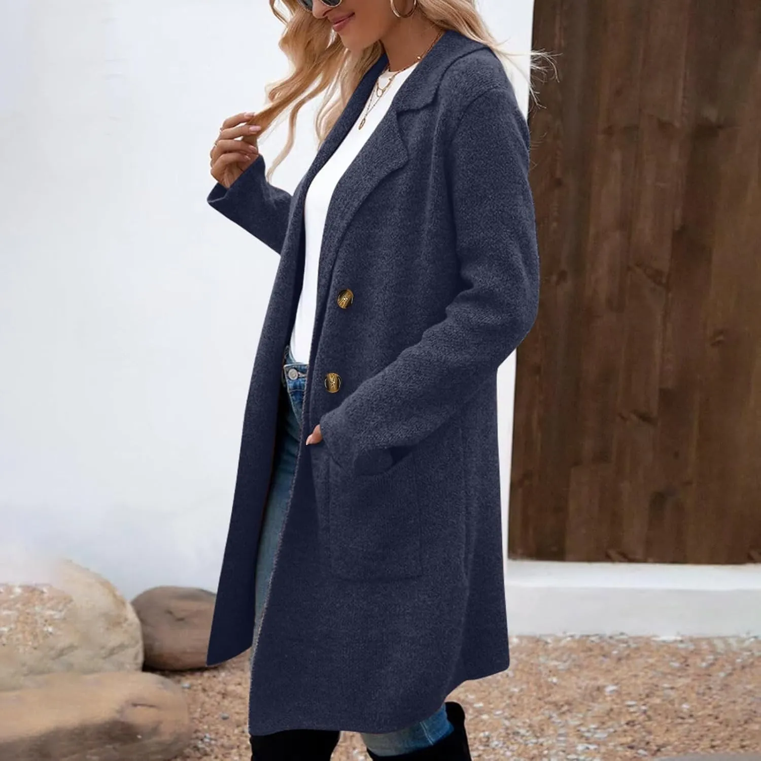 Womens Business Long Double Breasted Coats Lapel Collar Pea Coat Winter Slim Fit Jackets Fashion Trench Coat Outwear
