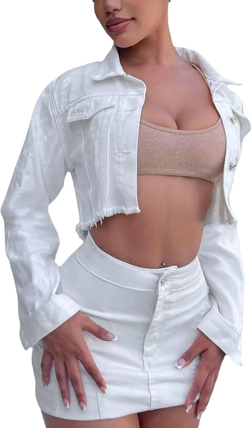 Women's Button Down Jacket Long Sleeve Cropped Top Denim Jeans Coat