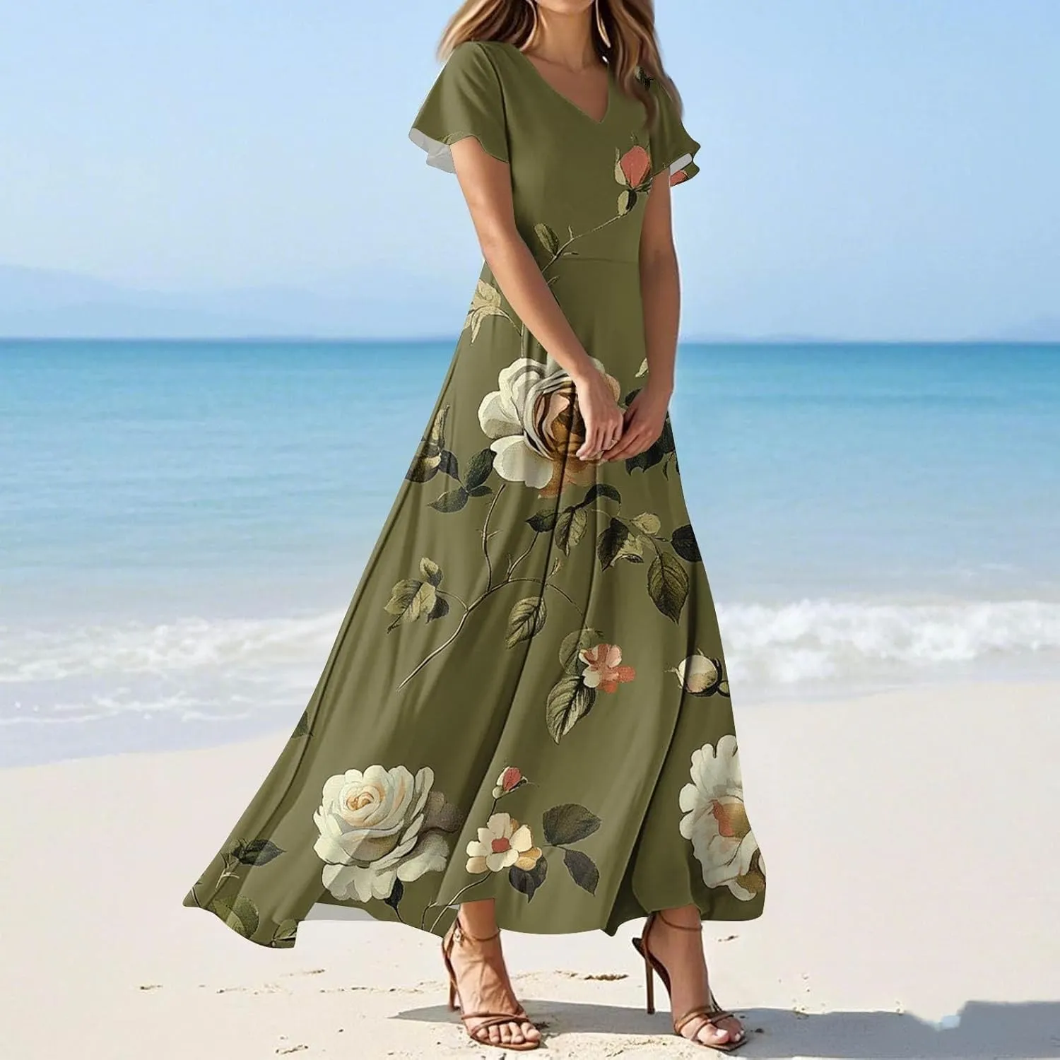 Women's Casual A-Line Dresses 2025 V Neck Short Sleeve Dress Empire Waist Boho Summer Sundress