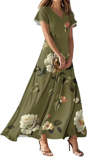 Women's Casual A-Line Dresses 2025 V Neck Short Sleeve Dress Empire Waist Boho Summer Sundress