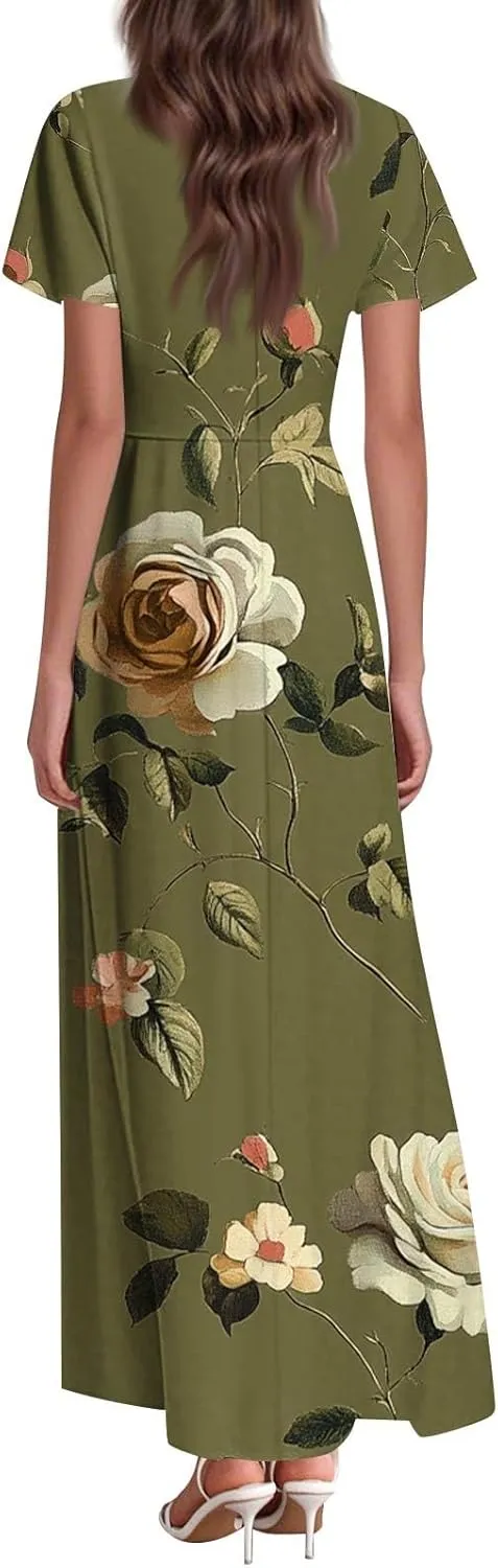 Women's Casual A-Line Dresses 2025 V Neck Short Sleeve Dress Empire Waist Boho Summer Sundress
