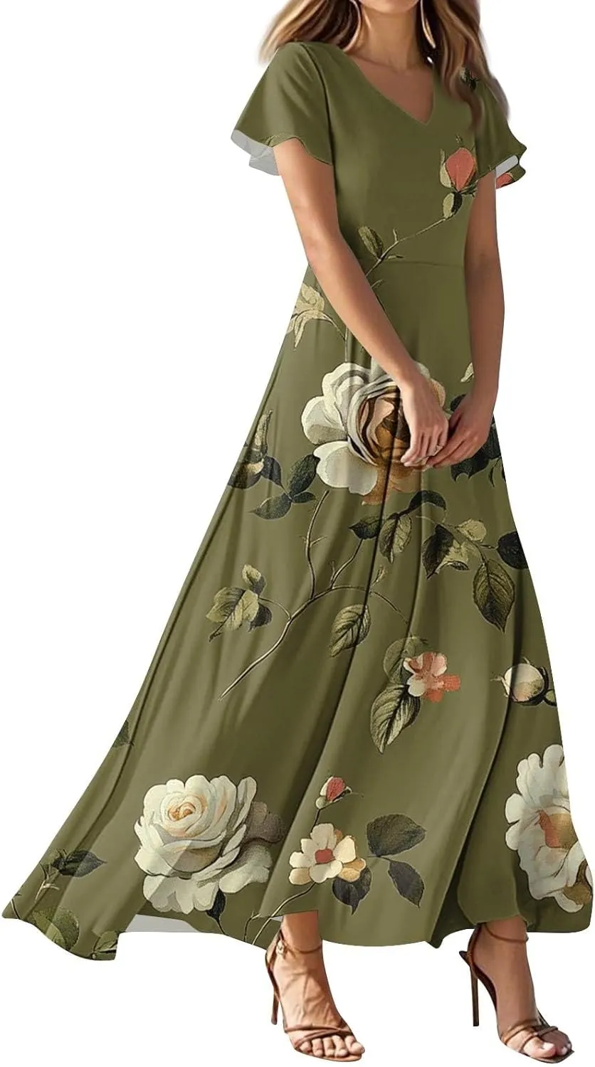 Women's Casual A-Line Dresses 2025 V Neck Short Sleeve Dress Empire Waist Boho Summer Sundress