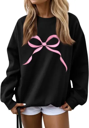 Womens Casual Bow Sweatshirts Colorful Pastel Bows Graphic Tee Shirts Oversized Holiday Trendy Pullover Outfits