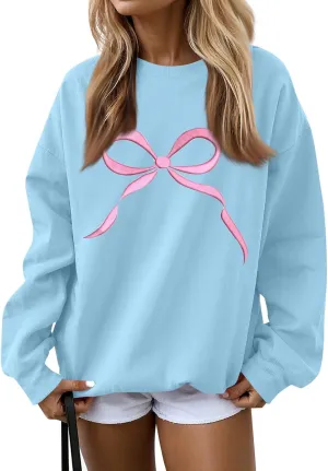 Womens Casual Bow Sweatshirts Colorful Pastel Bows Graphic Tee Shirts Oversized Holiday Trendy Pullover Outfits