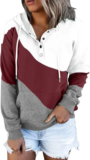 Women's Casual Long Sleeve Hoodies Color Block Button Down Hooded Drawstring Pullover Sweatshirt Tops with Pocket