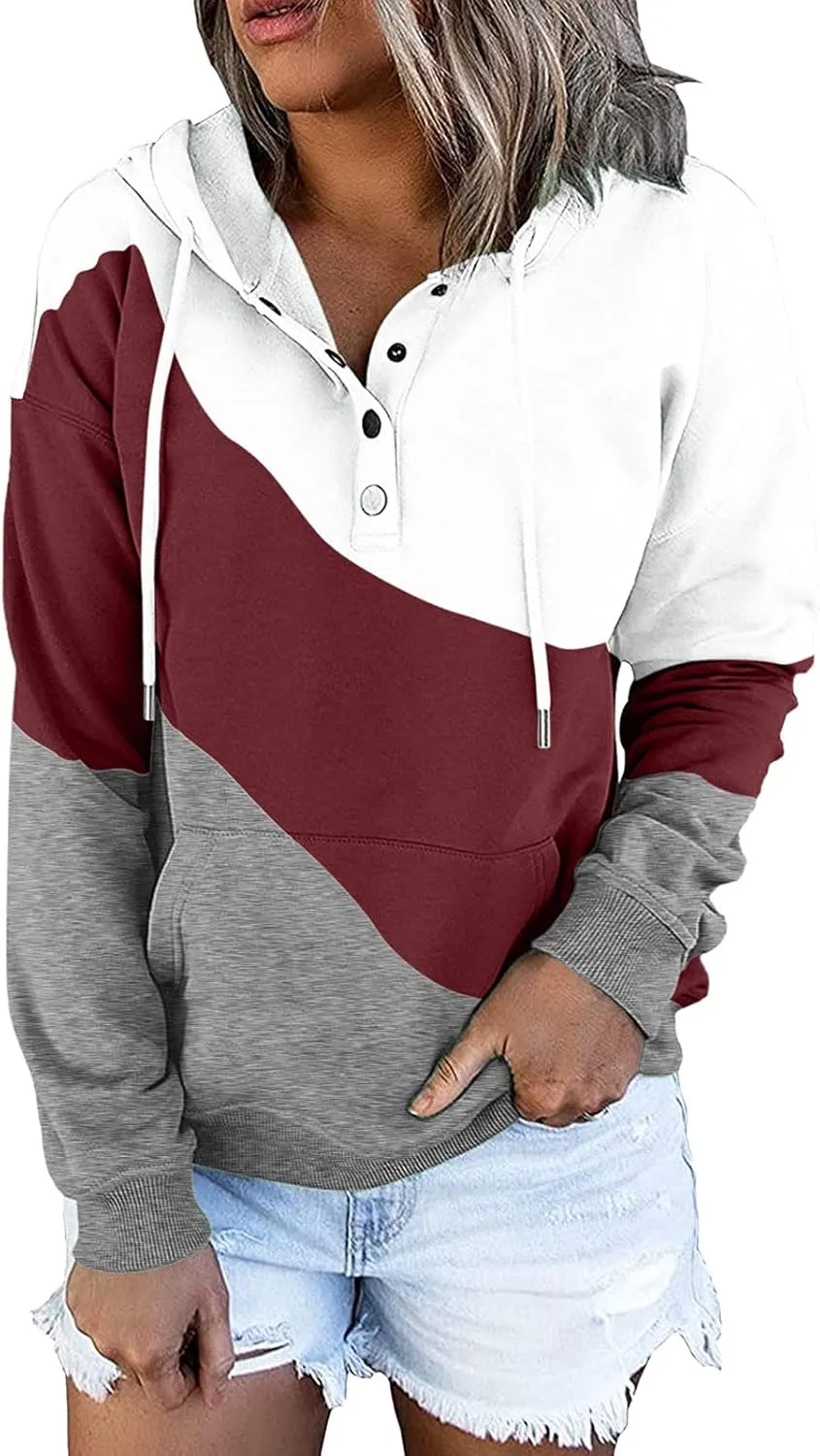 Women's Casual Long Sleeve Hoodies Color Block Button Down Hooded Drawstring Pullover Sweatshirt Tops with Pocket