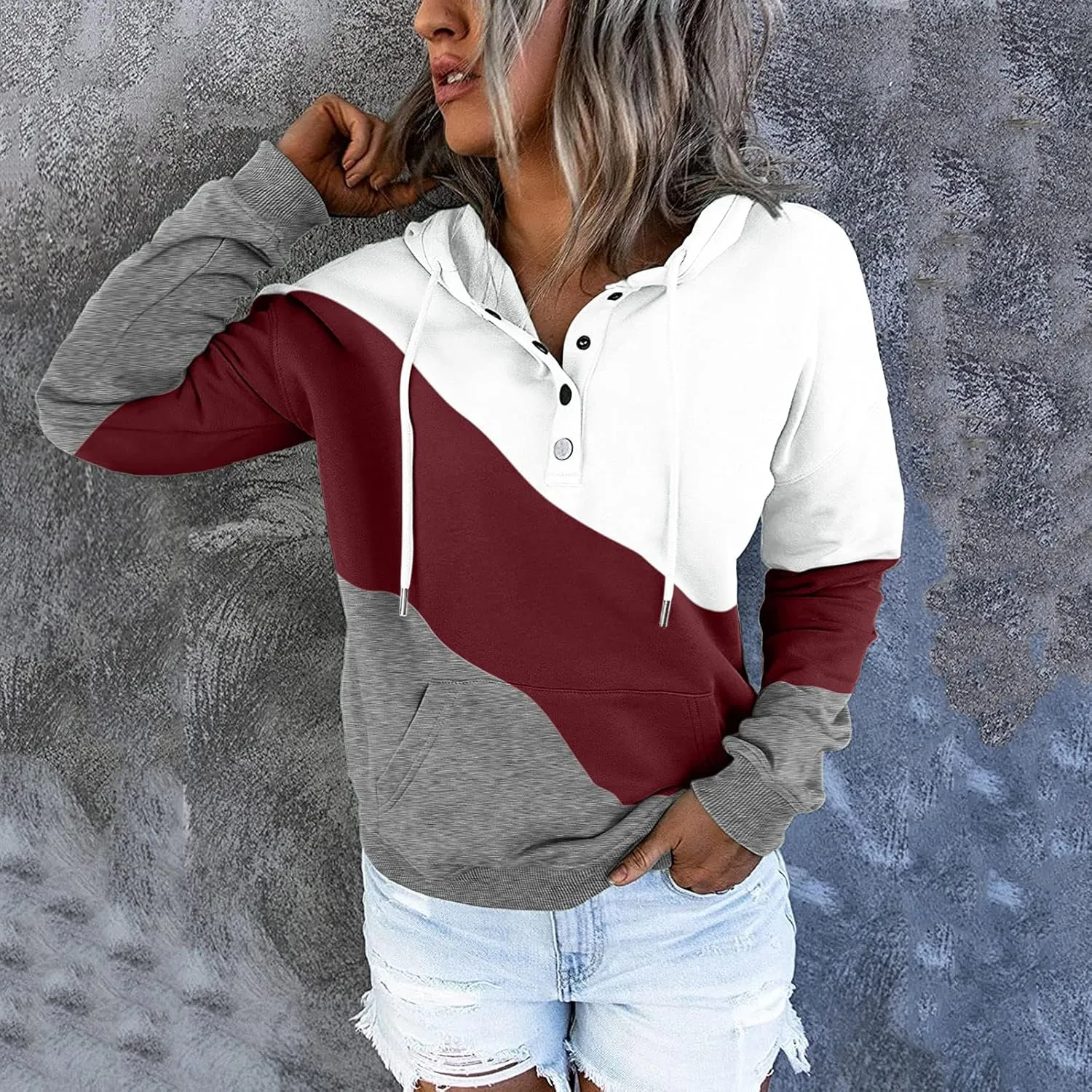 Women's Casual Long Sleeve Hoodies Color Block Button Down Hooded Drawstring Pullover Sweatshirt Tops with Pocket