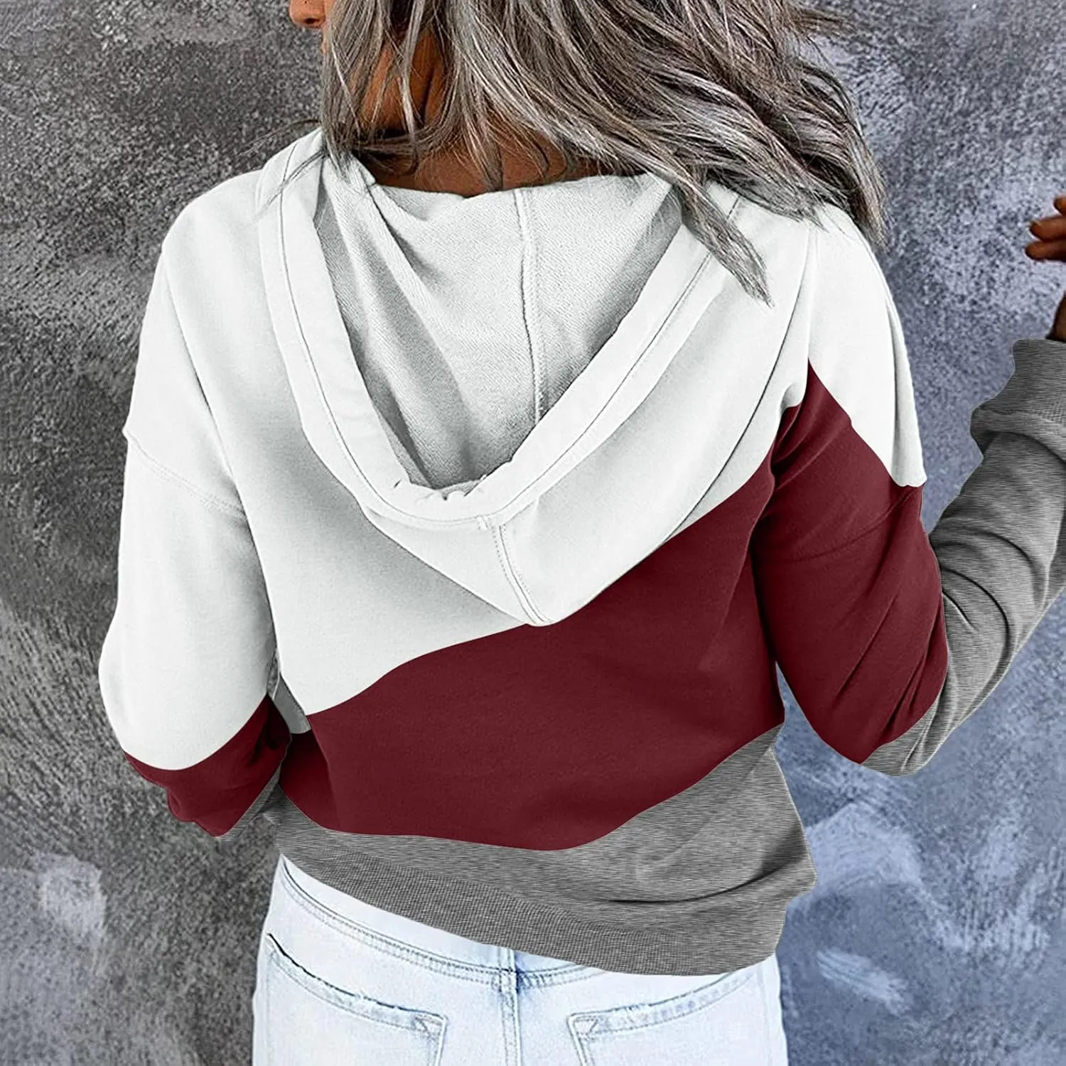 Women's Casual Long Sleeve Hoodies Color Block Button Down Hooded Drawstring Pullover Sweatshirt Tops with Pocket