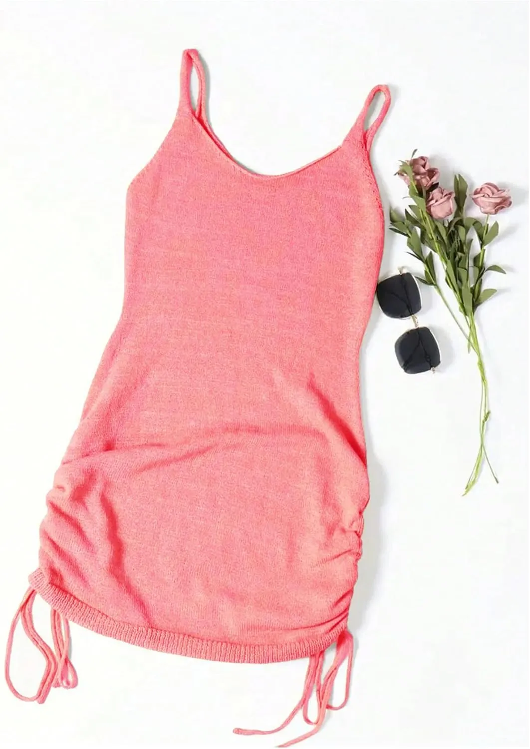 Women's Casual Short Cami Sweater Dress Sleeveless Drawstring Side Knitted Mini Dress