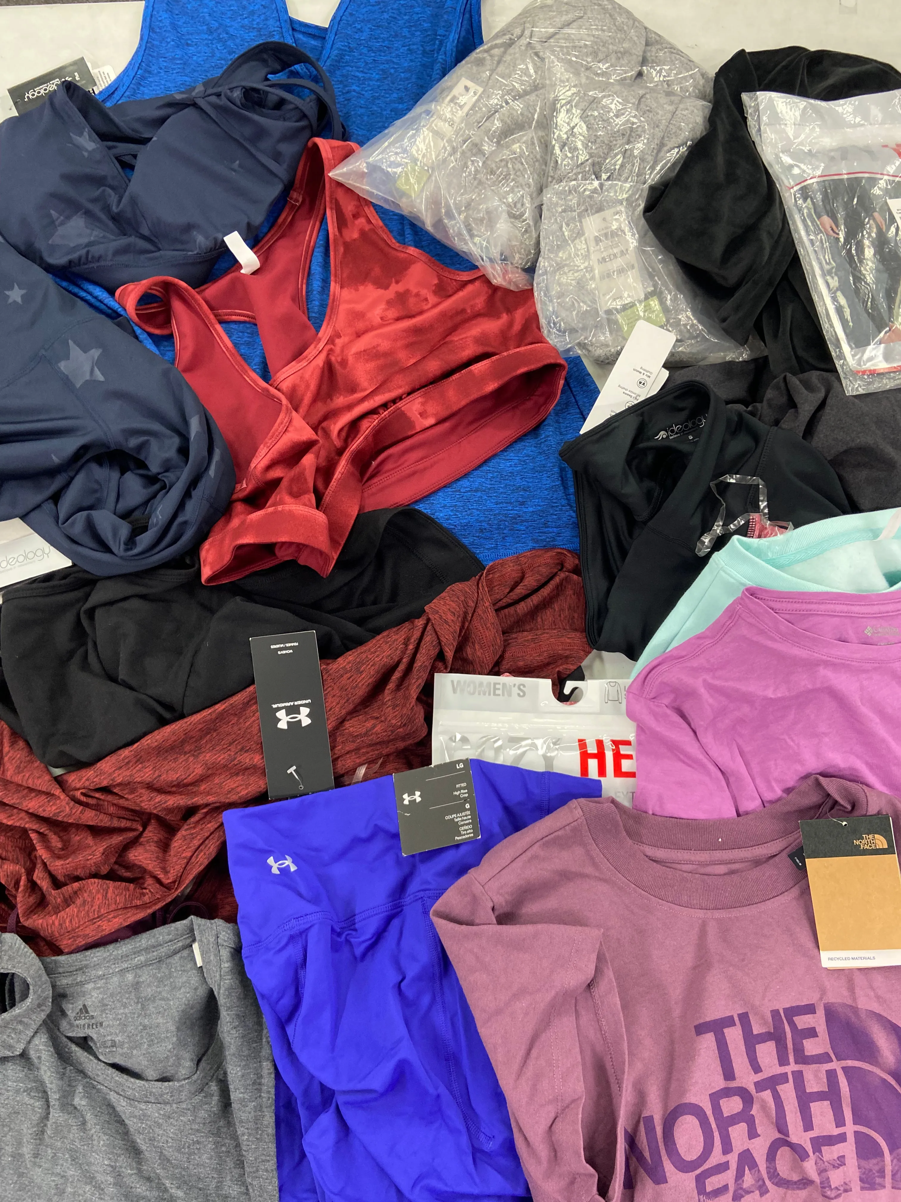 Women's Clothing Activewear Wholesale Lot, THE NORTH FACE, UNDER ARMOUR, ADIDAS, COLUMBIA, IDEOLOGY and more, 20 items, Shelf Pulls, MSRP $571