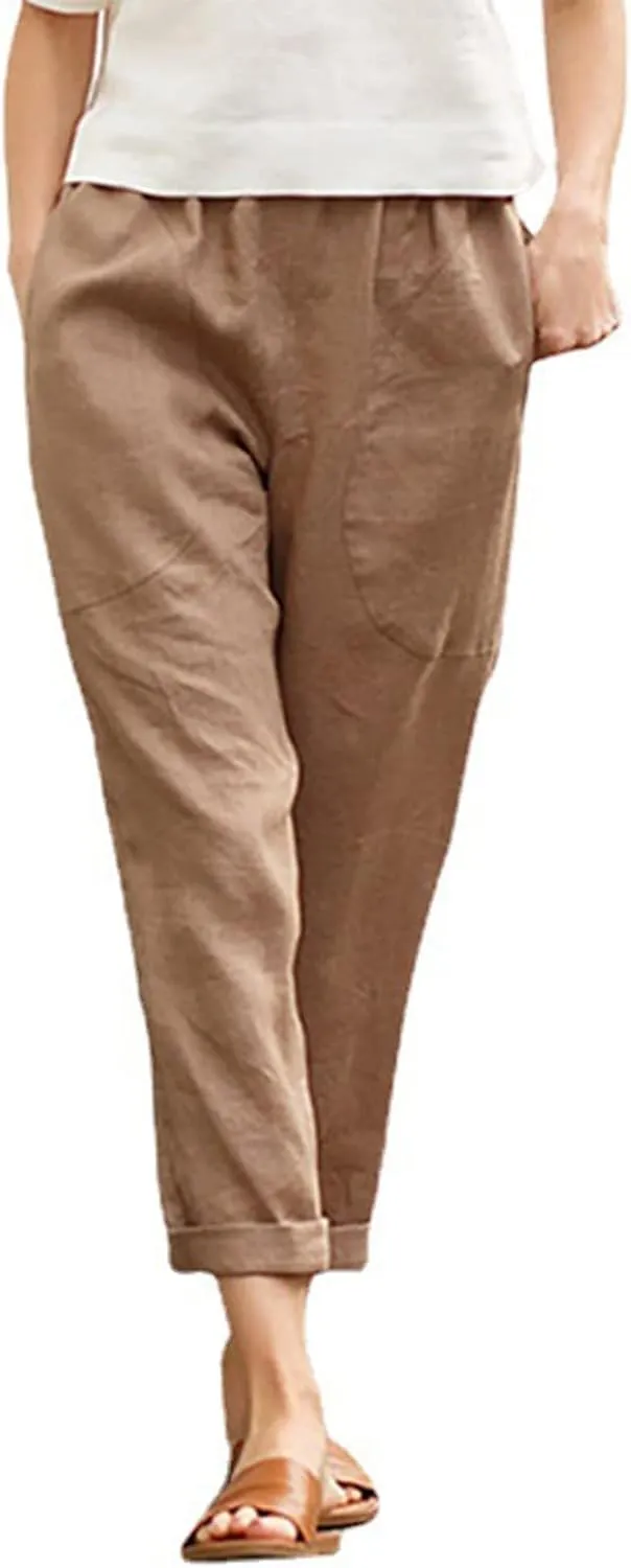 Women's Cotton Linen Summer Drawstring Pants Low Waist Bootcut Slim-Fit Pants Travel
