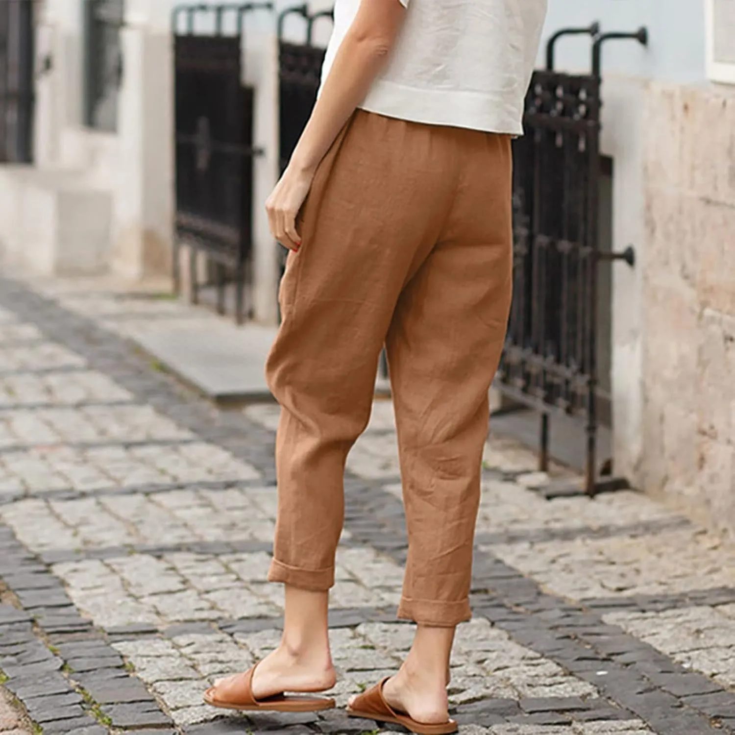 Women's Cotton Linen Summer Drawstring Pants Low Waist Bootcut Slim-Fit Pants Travel