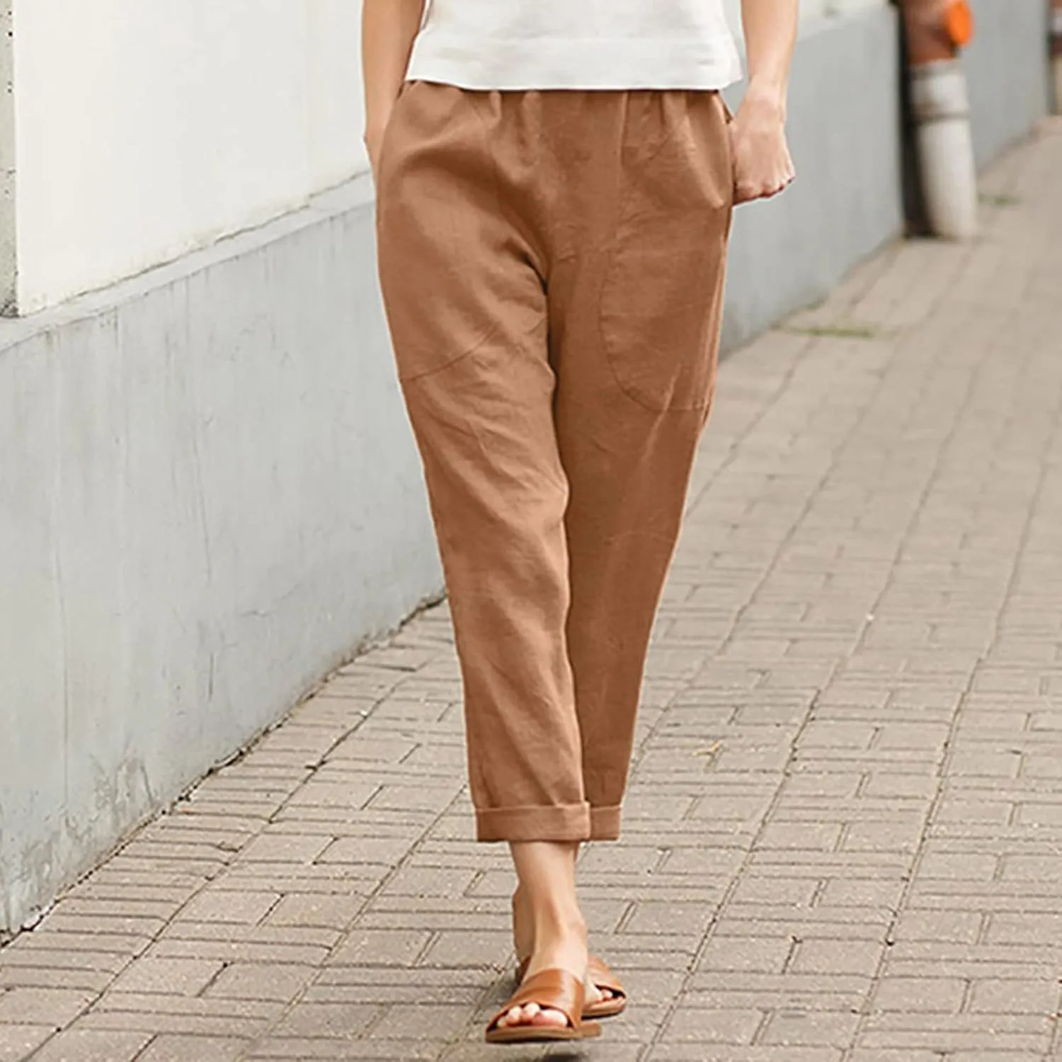 Women's Cotton Linen Summer Drawstring Pants Low Waist Bootcut Slim-Fit Pants Travel