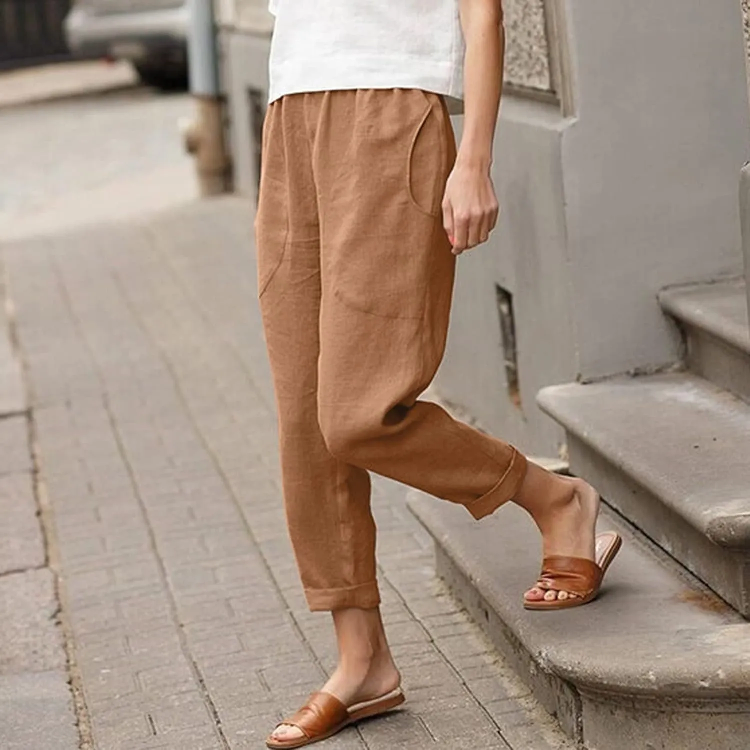 Women's Cotton Linen Summer Drawstring Pants Low Waist Bootcut Slim-Fit Pants Travel