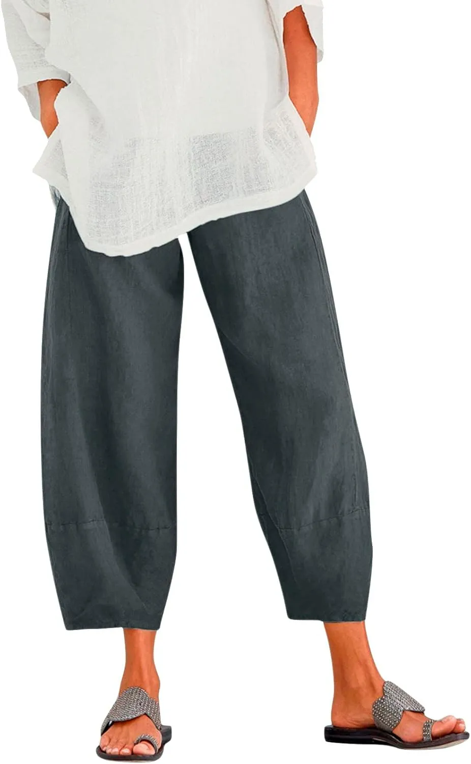 Women's Cotton Linen Summer Split Flowy Pant Trousers High Waist Straight Slim Fit Palazzo Lounge Pants Office