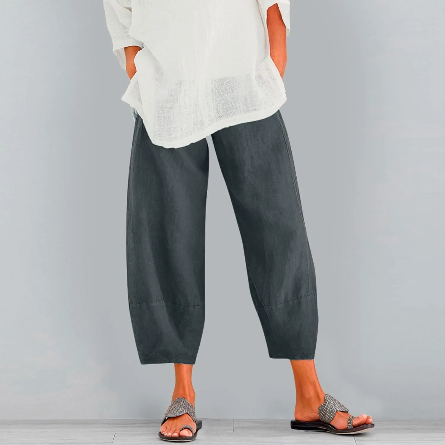 Women's Cotton Linen Summer Split Flowy Pant Trousers High Waist Straight Slim Fit Palazzo Lounge Pants Office