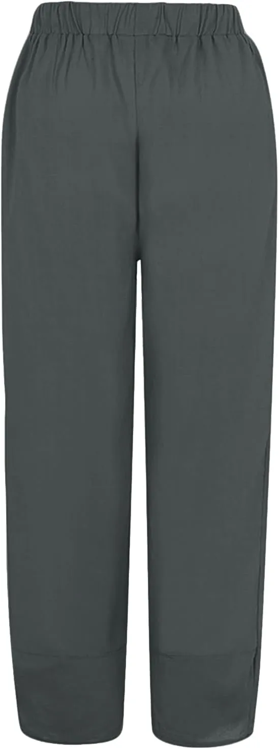 Women's Cotton Linen Summer Split Flowy Pant Trousers High Waist Straight Slim Fit Palazzo Lounge Pants Office