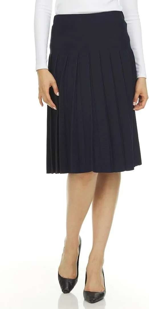 Womens Cotton Pleated Knee Length Skirt- Elastic Waist Office Pleated Skirt