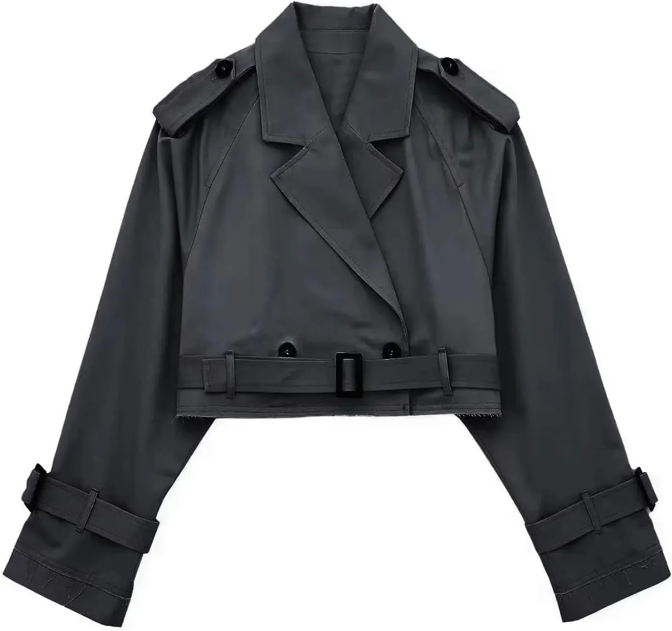 Women's Cropped Jacket Lapel Long Sleeve Double Breasted Crop Trench Coat Short Slim Fit Pea Coats Outwear with Belt