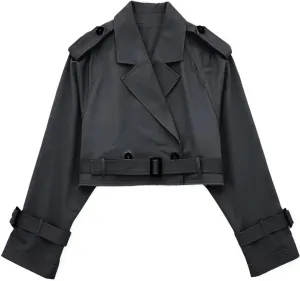 Women's Cropped Jacket Lapel Long Sleeve Double Breasted Crop Trench Coat Short Slim Fit Pea Coats Outwear with Belt